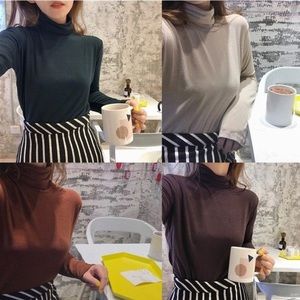Plain Turtle-Neck Long-Sleeve Slim-Fit Top